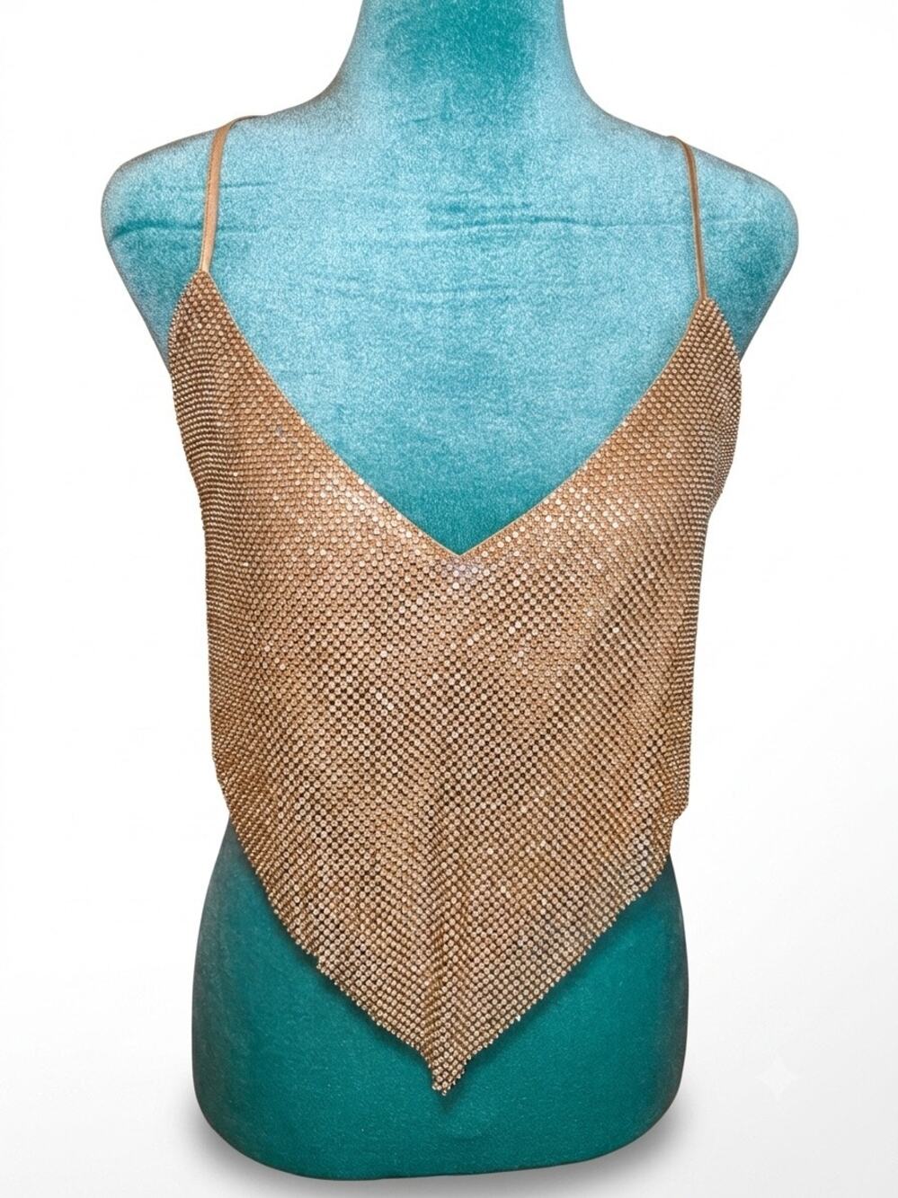 Vintage Y2K Baddie Gold Halter Top Chain-link Rhinestone Mesh Gem.